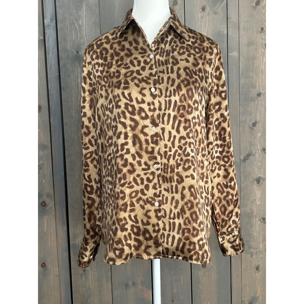 Jones New York Signature 100% Silk Leopard Print Button Down Shirt Brown Small